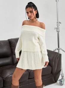 EURMUSE 1 Set Off-Shoulder Elastic Bodycon Sweater And Patterned Beanie & Mini Skirt, Casual 2 Pieces Set,Petite,Winter Clothes - White - View 5