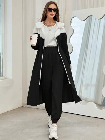 Mulvari Conjunto de 2 piezas de chaqueta con capucha y pantalones de bloques de color para mujer