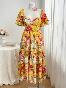 Flirla Robe d'été à encolure carrée, taille empire, volants aux manches et ourlet à volants, imprimé floral tropical, pour femmes en grandes tailles - Multicolore - Voir 4