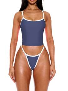 Musera Resort Top de bikini ajustado con ribete de contraste, solo para verano, , vacaciones, sexy, ropa de playa de Ibiza - Azul - Ver 2