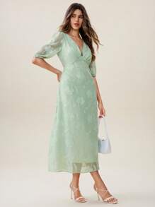 SHEIN Unity Vestido de mujer con cuello en V, estampado de jacquard, estilo de vacaciones - Verde - Ver 7