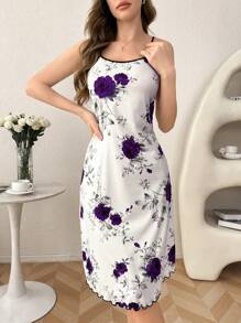 Women's Floral Print Casual Sleeveless Nightgown - Purple - View 3