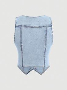 SHEIN Teen Girl Sparkling Star Rhinestone Decor Light Blue Denim Elastic Fitted Sleeveless Vest, Spring And Summer Casual Vacation Country Boho Wear