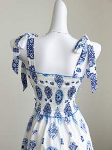 SHEIN Unity Blue Holiday Style Strap Porcelain Print Slip Dress - Blue - View 4