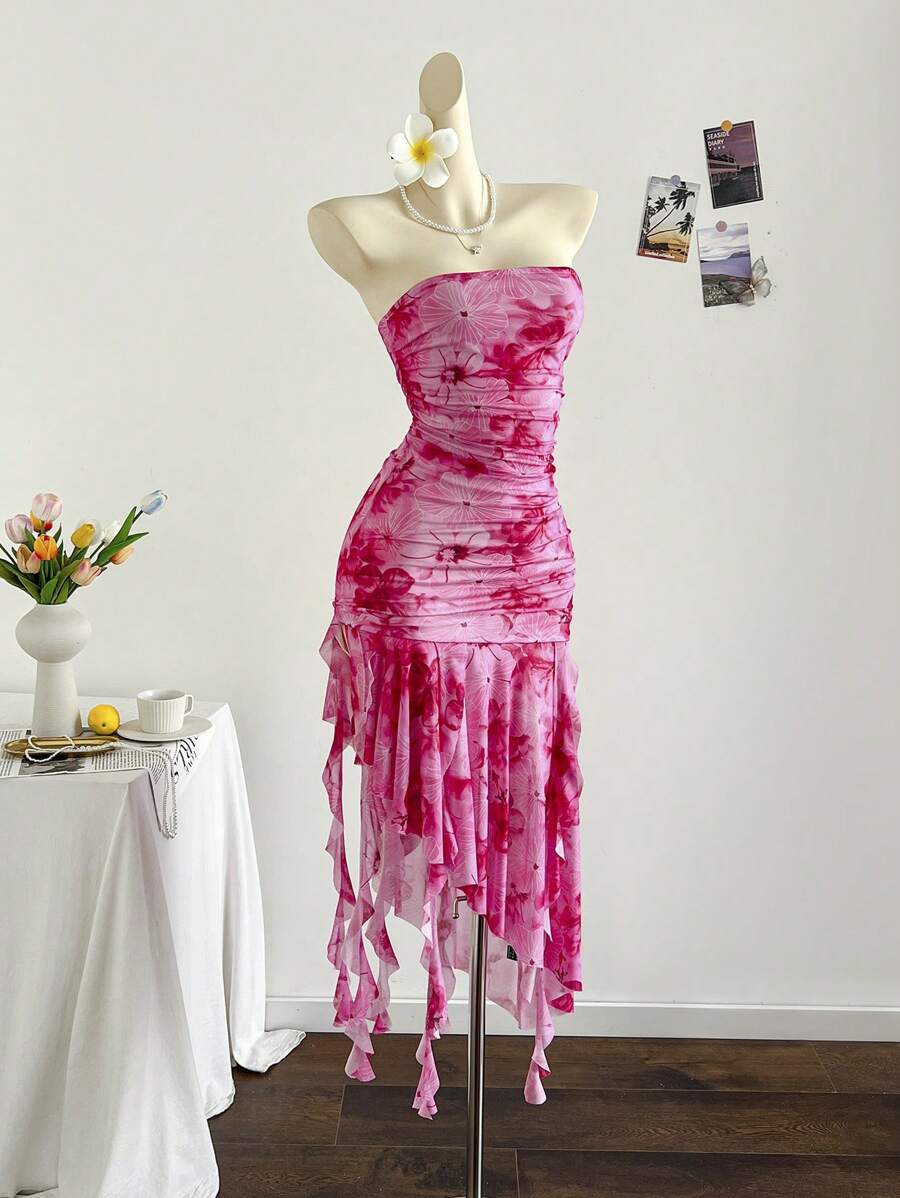 Soleia 女士粉色花卉网眼荷叶边系带连衣裙，浪漫假期/约会/下午茶/海滩度假/音乐节，波西米亚风 - 玫紅色 - 查看 1