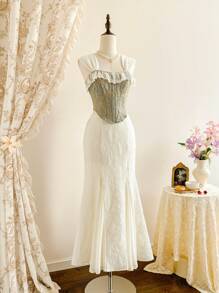 Vintamour 复古优雅两件套女式紧身胸衣短款上衣和蕾丝拼接花卉提花美人鱼裙套装度假连衣裙女式夏装女式夏装女式夏装女式连衣裙夏季度假服装女式婚礼宾客礼服女式生日礼服女式束腰上衣夏季服装女式生日服装度假礼服白色连衣裙优雅束腰连衣裙紧身连衣裙女士派对礼服