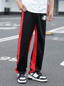 SHEIN Pantalón deportivo informal para adolescentes con bloques de color y estampado de letras - Multicolor - Ver 3