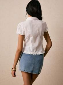 Poéselle White Cotton Shirt, Lace Stitching, Jacquard Fabric, Exquisite And Elegant, Comfortable And Breathable Fabric, Work Clothes, Business Shirt, Women's Summer Contrast Lace Puff Sleeve Elegant Blouse,Suitable For Daily Wear, Going Out, Commuting, Dating And Other Occasions,Poeselle