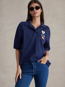Briarwyn Women's Casual Solid Color Knit Polo Collar Loose Short Sleeve T-Shirt,Fall Clothes,Homecoming,Old Money Style Women,Winter Clothes Women - Navy Blue - View 3