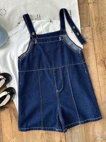 SHEIN Tween Boy Navy Blue Denim Loose Fit Bib Shorts