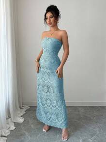 Chiquease 女士优雅蕾丝腰收腰连衣裙 - 藍色 - 查看 3