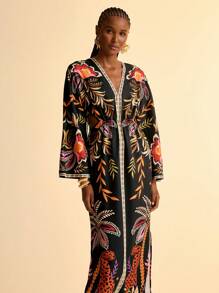 CAJUNI Women Boho Tropical Leopard & Plant Print Hollow-Out Back Waist Long Sleeve Dress For Vacation - Black - View 3