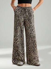 SHEIN Tall Leopard Print Women's Wide Leg Trousers Cheetah Print, Leopard Pants Fall Women Clothes - Brown - View 1