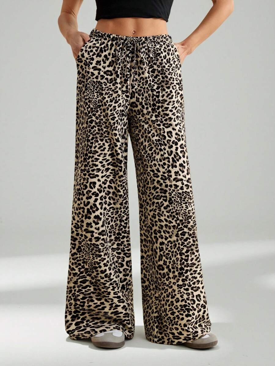 SHEIN Tall Leopard Print Women's Wide Leg Trousers Cheetah Print, Leopard Pants Fall Women Clothes - Brown - View 1