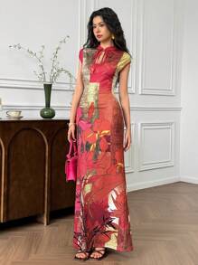 EastFlair Women's Floral Print Stand Collar Bodycon Dress Women Dresses Birthday Work Summer Dresses Cheongsam Dress Qipao Dress Chinese Style Dress Floral Print Dress,Boho Clothes Women