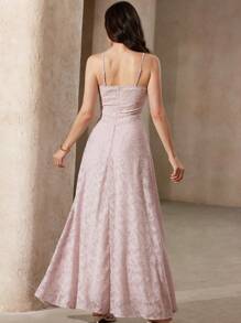 Revavyn Women's Romantic Elegant Simple Jacquard Solid Color Sleeveless Maxi Dress - Pink - View 3