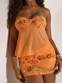 Opulessa 亮片女士夏季度假亮片装饰胸衣透视抹胸上衣，适合假日度假、音乐会、派对、夜店、秋季、国庆节、新年、外出、奢华优雅毕业典礼等场合，时尚别致。 - 橘色 - 查看 5