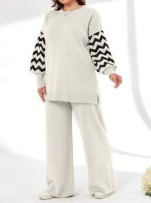 SHEIN Cottnline Striped Color Block Sweater And Pants Two Pieces Set - White - View 3