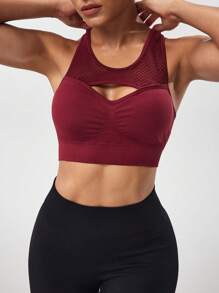 SHEIN Sports 女士纯色简约无袖运动胸罩 - 酒紅色 - 查看 4