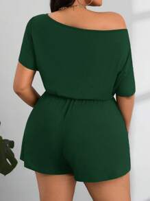 SHEIN PETITE CURVE 女式大码夏季休闲露肩短袖连体裤 - 墨綠色 - 查看 2