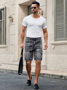 Manfinity VCAY 男士休闲刺绣磨边牛仔短裤，时尚