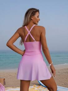 Swim Vcay 1 件女士纯色细肩带连体泳衣，夏季时尚 - 彩色 - 查看 2