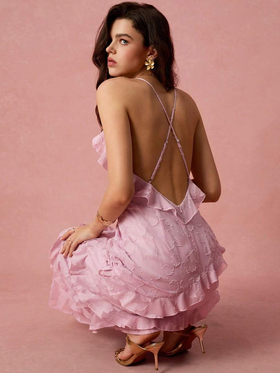 Enchnt Vestido largo de sirena con escote en V, tirantes finos y espalda descubierta, con volantes en el bajo, en color rosa pastel, romántico y elegante para mujer. Ideal para vacaciones, citas, fiestas, graduaciones, bodas, fiestas de verano y playa. - Rosa - Ver 1