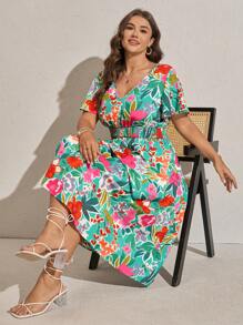 Comfylo 大码女式花卉印花 V 领飘袖中长连衣裙，度假风格 - 彩色 - 查看 7