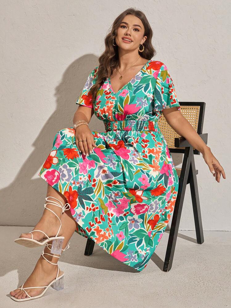 Comfylo 大码女式花卉印花 V 领飘袖中长连衣裙，度假风格 - 彩色 - 查看 7