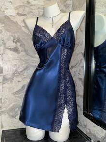 SilkySpell Women's Solid Color Contrast Lace Sleeveless Nightgown - Navy Blue - View 4