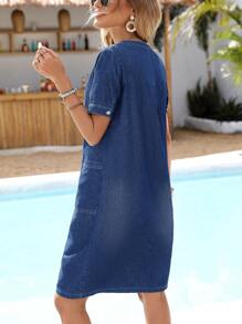 Breezaya Women's Casual Button Pocket Short Sleeve Denim Dress