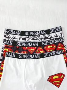 SUPERMAN X SHEIN 3pcs Men's Black & White Comfortable Logo Print Contrast Tape Waist Boxer Trunk,Basic Casual Boxer Brief - Black and White - View 3