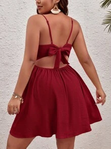 SHEIN VCAY 加大码纯色细肩带扭纹镂空夏装 - 酒紅色 - 查看 2