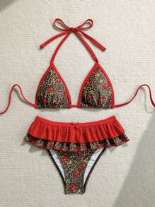 Soleia Bikini 2 mảnh họa tiết da báo và quả anh đào chắp vá màu đỏ buộc dây hai lớp trang trí nơ xếp nếp cho kỳ nghỉ dành cho nữ - Nhiều màu - Xem 6