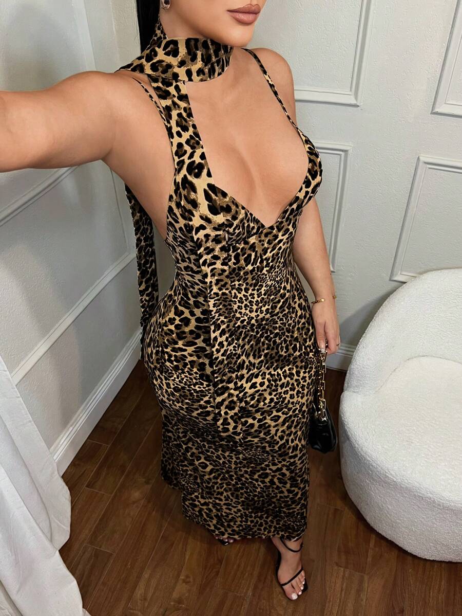 SHEIN SXY 女式性感修身豹纹细肩带露背连衣裙 - 彩色 - 查看 1