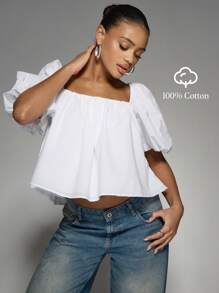 MISSGUIDED Square Neck Puff Sleeve Cropped Blouse Cotton Poplin Summer Tie Back Design Flowy Casual Elegant Daytime Fashion Statement Top - White - View 7