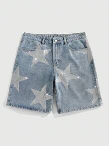 ROMWE MEN Prep 男士休闲街头风五角星水钻纽扣牛仔短裤 - 淺色水洗藍 - 查看 1