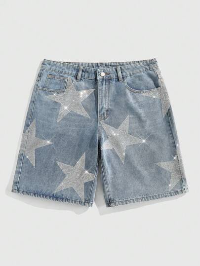 Anime Pantalones cortos vaqueros informales de hombre con botones de cinco puntas con strass, para uso casual