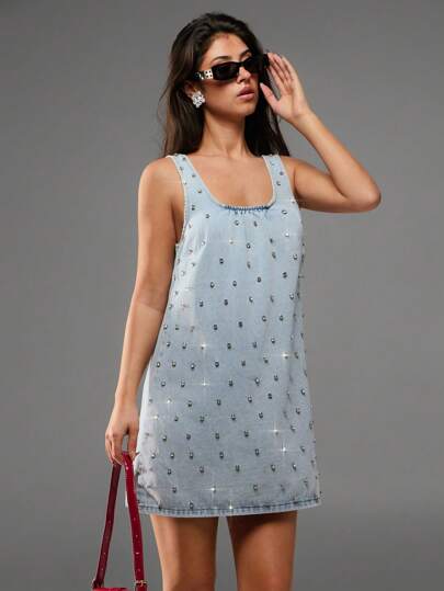 Avantive 全新夏季圆领无袖A字形水钻装饰女式牛仔迷你连衣裙