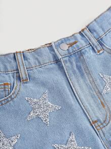 Girlism 青少年女孩牛仔短裤，星星图案，适合青少年女孩的夏季装，宽松牛仔短裤，春假装，青少年女孩演唱会装，狂欢节装，狂欢装，闪亮星星牛仔短裤，女孩短裤，女士沙滩装，女孩牛仔短裤 - 淺色水洗藍 - 查看 4