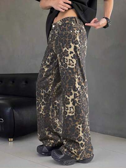 SHEIN Teen Teen Boy' Street Fashion Retro Modern Casual Music Festival Edgy Leopard Print Loose Straight Leg Jeans, Comfortable Elastic Waistband & Practical Front & Back Pockets Design, Versatile All-Season Staple For Fashionable Teenagers