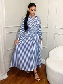SHEIN SXY Blue And White Striped Long Sleeve Shirt Style Cinched Waist A-Line Dress For Women, Work/Casual Wear, Spring & Summer - Blue and White - View 4