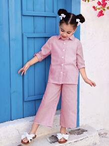 SHEIN 2pcs Young Girl Woven Striped Casual Shirt And Loose Woven Casual Pants Set - Pink - View 4