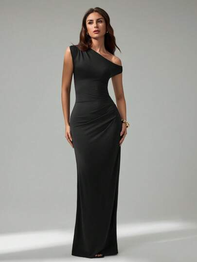 SHEIN Tall Elegant klänning med asymmetrisk halsringning och veckad hals för kvinnor