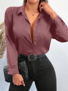 Cottnline Solid Button Front Shirt - Pink - View 3