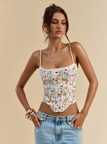 SHEIN BAE 女士印花撞色优雅蕾丝吊带背心，夏季度假上衣，浪漫约会、生日派对、毕业典礼等场合的理想之选。这款印花上衣兼具束身胸衣、吊带束身胸衣、性感优雅束身胸衣等元素，是外出和情人节的完美搭配。 - 彩色 - 查看 5