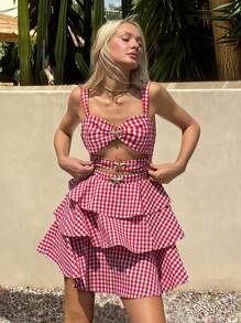 SHEIN EZwear Beach Vacation Outfits Holiday Outfits  Red Plaid Woven Hollow Out Design Slip Dress For Women - Red - View 6