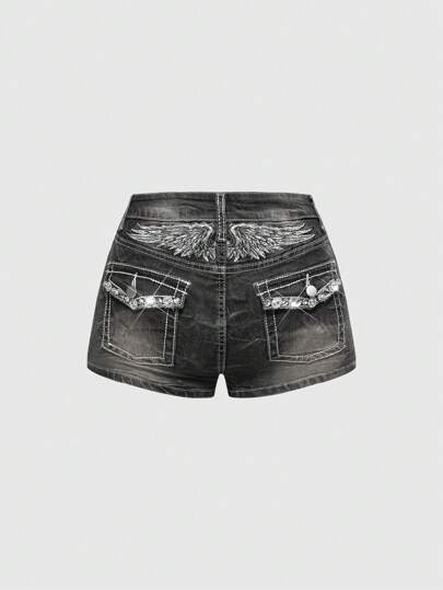 Grunge Punk Y2K Rhinestone Decor Back Wing Embroidery Low Waist Shorts