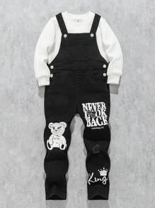 SHEIN Young Boys' Street Cool Bear And Letter Pattern High Elasticity Skinny Black Denim Overalls Jumpsuit ,Casual And Versatile For Young Boys Fall/Winter Clothes - Black - View 9