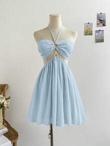 Soleia 休闲度假时尚百搭性感吊带系带女式迷你连衣裙 - 淺藍色 - 查看 3